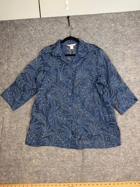 Vintage Tanjay Blue Floral Blouse Large Sheer Embroidered Coastal Boho Top